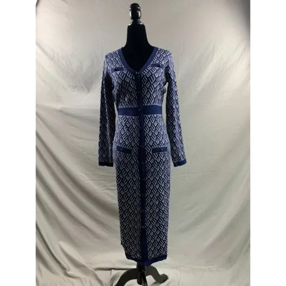 Button Front Pattern Sweater Dress Blue - Picture 5 of 7